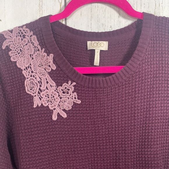 Logo by Lori Goldstein Waffle Knit Sweater Tunic Purple Lace Chiffon Hem Cottage - Picture 4 of 11